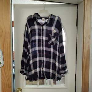 New Faded Glory Navy Blue Plaid Button Down Rayon Twill Tunic Size Women's 3X